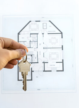 House Keys in Hand over Home Blueprint, Real Estate Concept