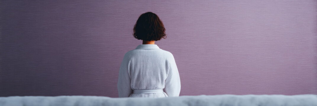 Back view of young woman in white waffle bathrobe relaxing in modern spa hotel room calm lifestyle wellness comfort serene interior scene copy space