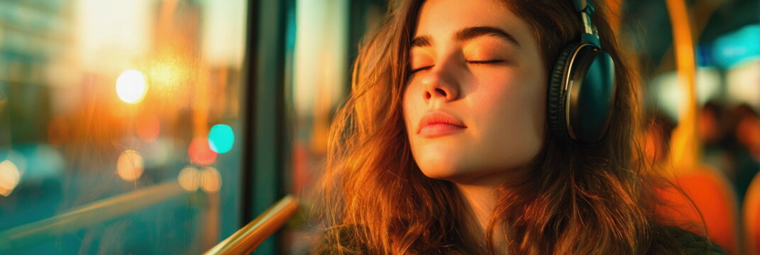 Young woman with closed eyes listening to music with headphones on public transport at sunset peaceful commute relaxed urban lifestyle calm moment