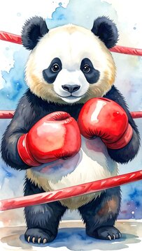 Watercolor panda in a boxing ring, ready to fight with red gloves