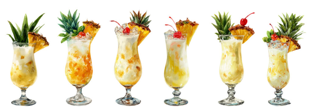 Hand painted watercolor of vibrant tropical cocktails with pineapple leaves and cherries, perfect for summer, beach, vacation, resort menus, parties and refreshing drinks