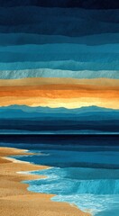 Obraz premium Abstract vertical landscape illustration with layered wavy horizons and golden sandy shoreline modern artistic composition minimal nature inspired background design