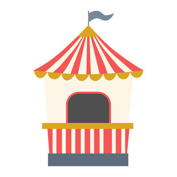 Vintage circus ticket booth or carnival food kiosk. Flat vector illustration with red and white stripes, gold trim, and a blue flag. Isolated on white background for event design.