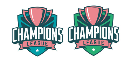 Champions League sports logo set with trophy and shield emblem in pink and teal colors, modern tournament branding and esports identity design, clean vector badge illustration © Ayat 03