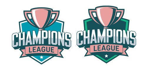 Champions League sports logo set with trophy and shield emblem in pink and teal colors, modern tournament branding and esports identity design, clean vector badge illustration © Ayat 03