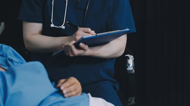 Positive female caregiver visit smiling senior disabled grandmother check heart rate, young woman doctor use statoscope do regular checkup of old lady patient at home, elderly healthcare concept