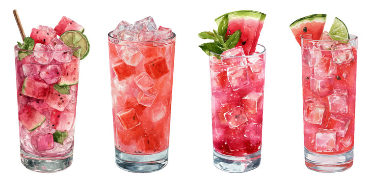 Refreshing watermelon cocktails lineup with ice, lime, and mint garnishes, representing summer, hydration, healthy refreshment, and fruity beverage concepts on white background