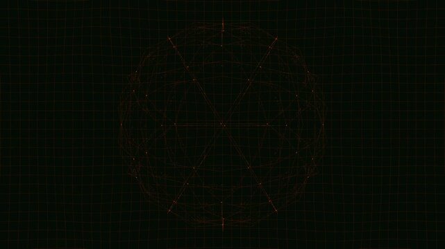 Abstract 3D sphere with digital grid scanning from green to red. Futuristic HUD interface animation in 4K. Seamless loop of a mathematical geometric object for data analysis and high-tech backgrounds.