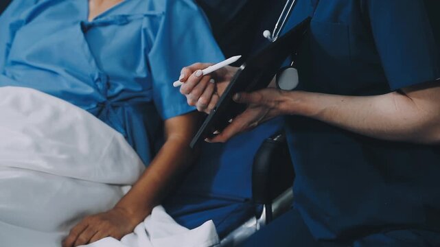 Positive female caregiver visit smiling senior disabled grandmother check heart rate, young woman doctor use statoscope do regular checkup of old lady patient at home, elderly healthcare concept