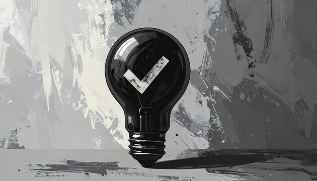 Black bulb with a checkmark, set against a brushstroke-textured gray and white backdrop, implying a creative idea's validation