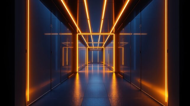 Long corridor features bright orange neon lights framing dark glass walls. Perspective creates infinite depth, futuristic ambiance.