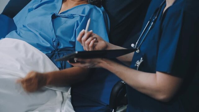 Positive female caregiver visit smiling senior disabled grandmother check heart rate, young woman doctor use statoscope do regular checkup of old lady patient at home, elderly healthcare concept