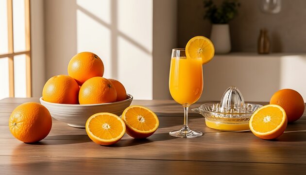 Segelas jus segar berdampingan dengan alat peras dan mangkuk jeruk melambangkan proses pembuatan minuman sehat dan energi sarapan pagi.