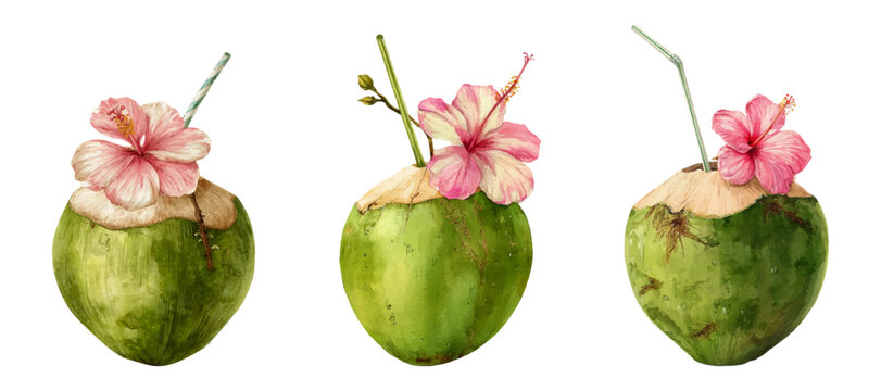 Young green coconuts with straws and hibiscus flowers, watercolor illustration for summer drinks, tropical themes, refreshment, and vacations, isolated on a white background