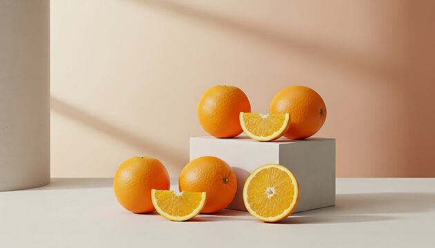 Buah jeruk segar tersusun rapi di atas balok pajangan putih melambangkan gaya hidup sehat dan kemewahan estetika minimalis.