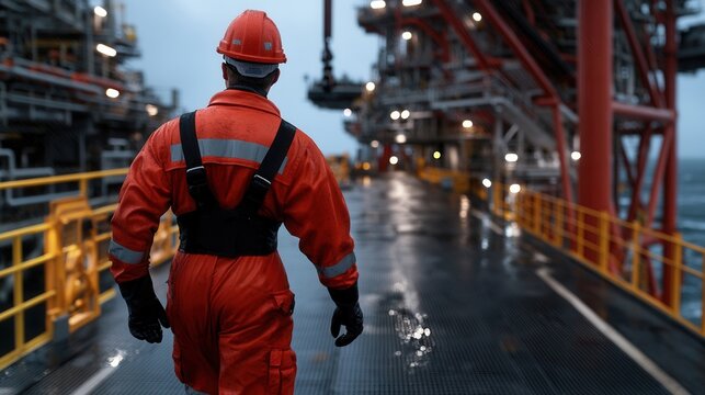 Inspecting equipment on an offshore oil platform during a rainy day
