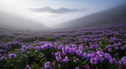 Fototapeta premium Purple Rhododendrons Blooming in Misty Alpine Mountain Valley