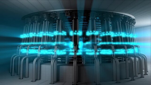 シアンのネオンパルスが光る原子力タービン発電プラントの組み立て