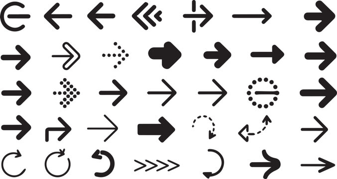 Diverse collection of black arrow directional symbols, pointers, and navigation indicators in various styles, including solid, dotted, curved, and straight lines on a white background