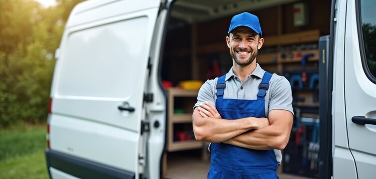 Smiling tradesman in blue overalls and cap stands by open work van with tools. Professional service vehicle fully stocked for a repair job. Skilled expert ready to help clients.