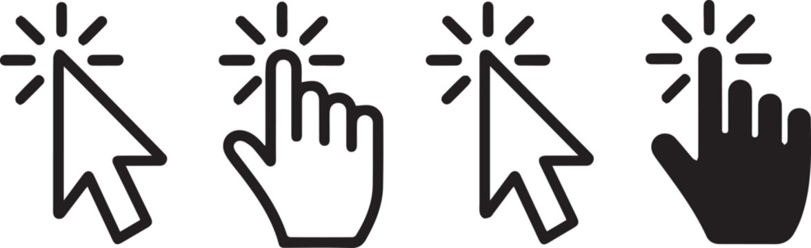 Set of four computer mouse cursor and hand pointer with click effect, featuring both outlined and solid black isolated on a white background, for digital user, interface navigation use