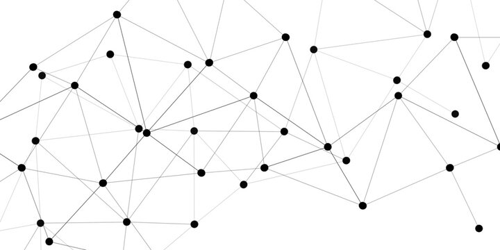 Abstract Vector network of interconnected nodes representing the concept of connectivity, technology, communication and structure with polygon and dot over white background.