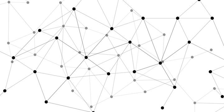Abstract Vector digital network connection with nodes and lines with dark node on gray network on blank background.