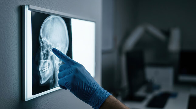 X ray scan medical skull x ray scan medical radiograph on lightbox with gloved hand pointing at jaw in dark clinic room suggesting focused diagnosis and careful healthcare evaluation