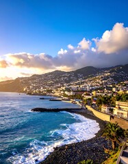 Obraz premium A scenic coastal town beside a rocky beach at sunset