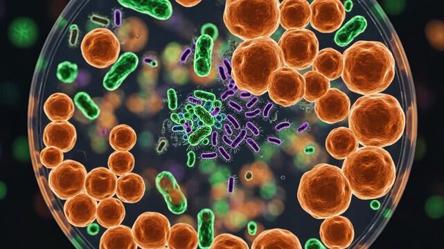 A colorful microscopic scene depicting various shapes of bacteria and cells