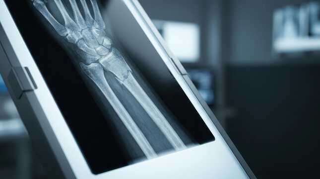 X ray scan medical radiograph wrist forearm bone fracture trauma injury diagnosis on tablet screen in hospital clinic showing skeletal detail for orthopedic care and emergency radiology evaluation