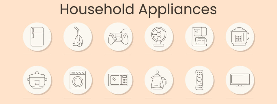 Household appliances set icon. Blue outline badges, refrigerator, vacuum cleaner, game controller, fan, coffee machine, multicooker, rice cooker, washing machine, microwave oven