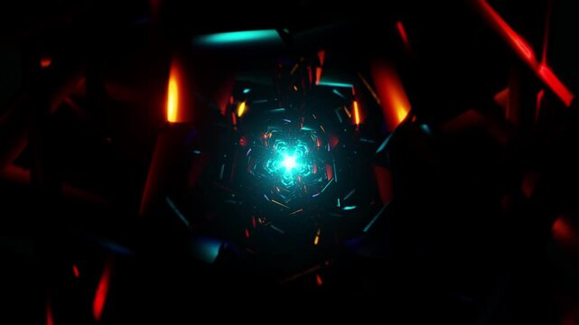 Neon starburst vortex with cyan sparks, red shards, and rotating tunnel depth