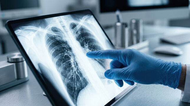 X ray scan medical radiology doctor glove tablet screen hospital clinic examination diagnosis healthcare imaging. Blue glove point chest x ray scan tablet screen during medical radiology review