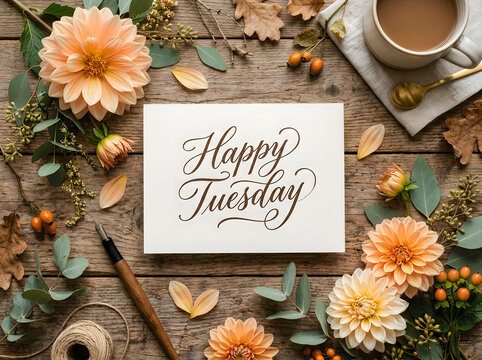 Autumn flowers and leaves on wooden table with happy tuesday card and coffee cup 
