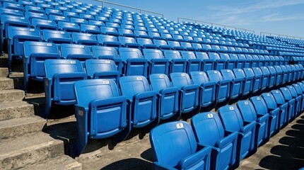 Naklejka premium Rows of empty blue plastic seats in an outdoor stadium on a sunny day.
