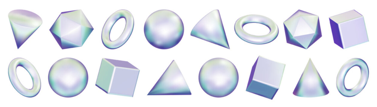 Holographic chrome 3d shapes. Silver y2k hexagon and solid circle ball. Math geometric triangle figure of aluminum metal, abstract steel sphere. Hologram mercury cube render, sparkle ball ring cone