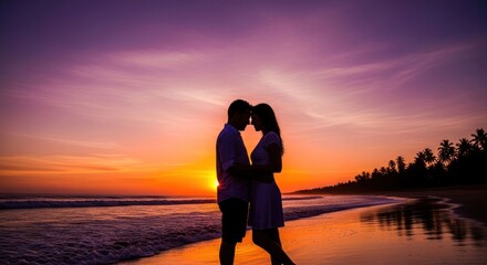 Fototapeta premium Romantic beach sunset silhouette of a couple in love.