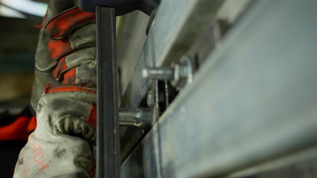 The master in special protective gloves tightens the nuts with a wrench. High quality 4k footage