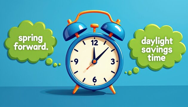 Blue alarm clock with thought bubbles reads spring forward daylight savings time. Illustration on blue background. A reminder for seasonal time change.
