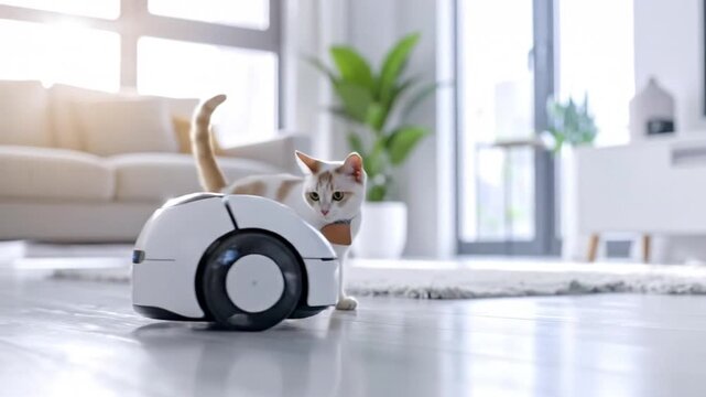 A futuristic robot and a domestic animal interacting in a modern living room