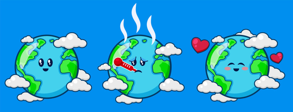 Global Warming and Climate Change Concept with Cute Cartoon Earth Characters