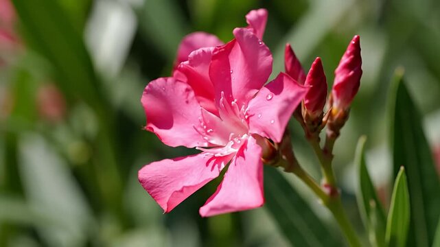 Closeup of a vibrant pink oleander flower in full bloom with buds.