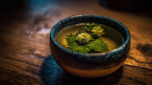 Steaming Bowl of Lukewarm Herbal Tea with Green Leaves and Spiky Buds on Rustic Wooden Surface