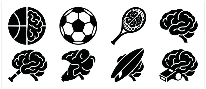 Sports Brain Icon Set, Mental Performance and Athletic Psychology Vector Symbols, Basketball Soccer Tennis Surfing Whistle Equipment Combinations for Fitness Coaching, Training Mindset and Sports Logi