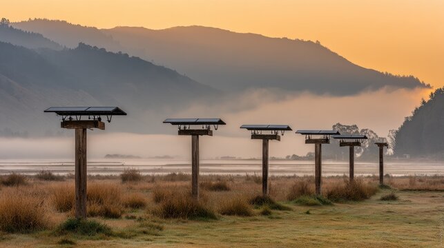 Sunrise illuminates distributed solar panels in a misty field with rolling mountains background