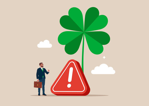 Clover with exclamation attention sign. Failure, crisis in business. Flat vector illustration