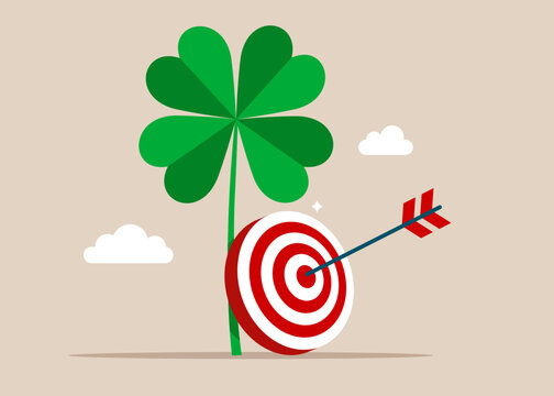 Target with arrow and lucky clover. Begin savings to achieve financial goal, power of compound interest, collecting wealth. Luck for success, blessing for work opportunity, chance, happiness. Vector