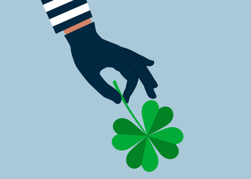 Thief stealing clover. Fraud and failure business, chance, happiness. Vector illustration