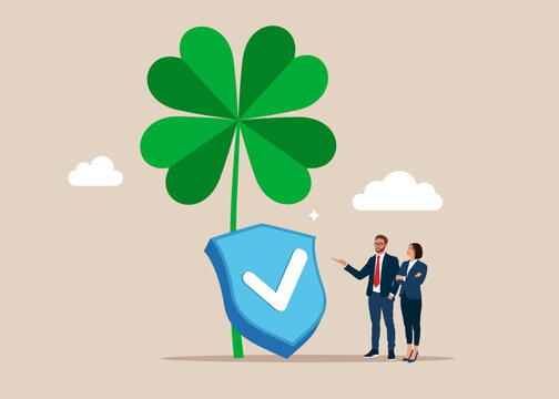 Clover leaf with blue shield with check mark. Luck for success, blessing for work opportunity, chance, happiness.  Modern vector illustration in flat style